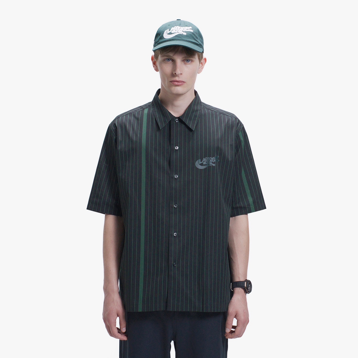🐊 Lacoste AF355 條紋開襟短袖襯衫｜限時代購 (黑色)