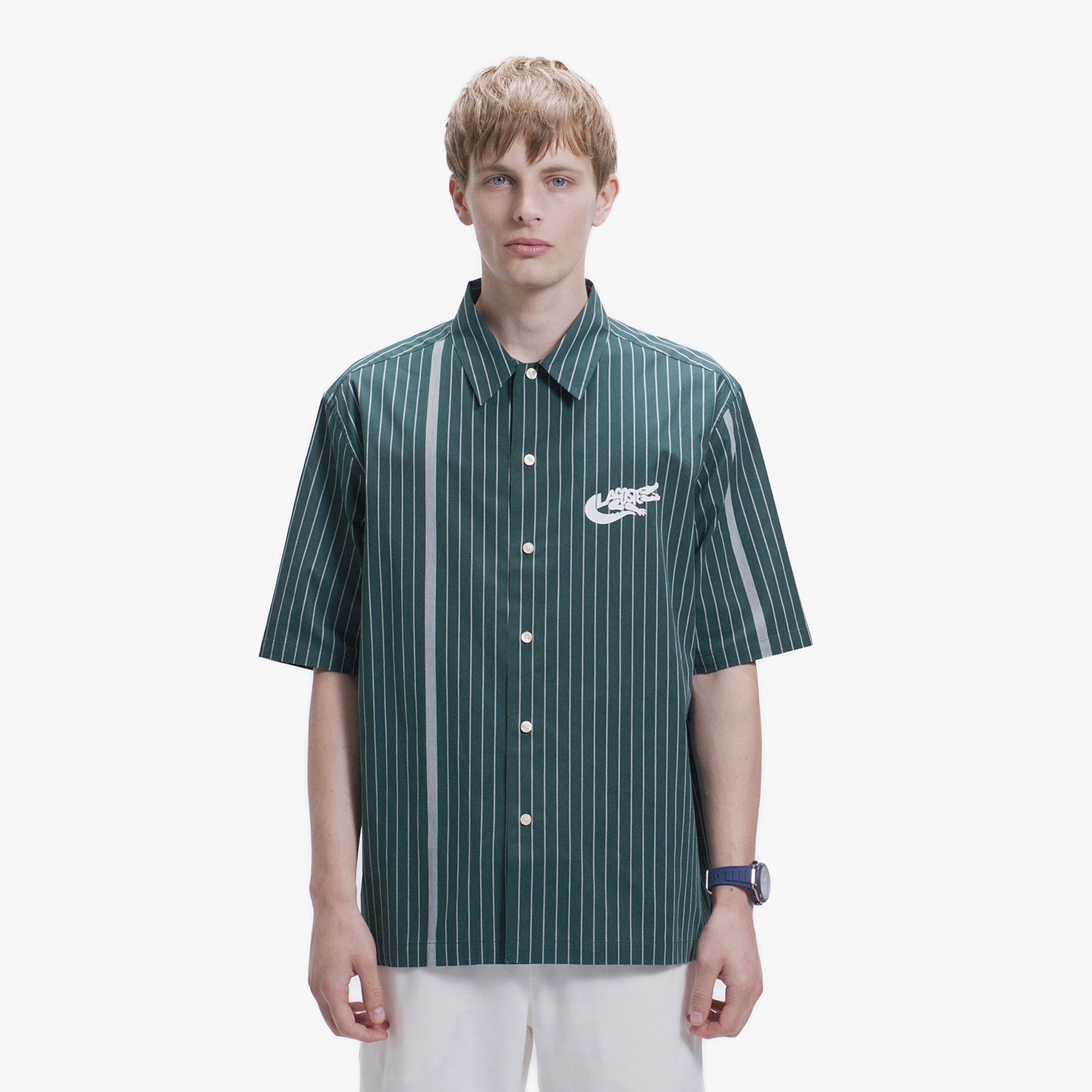 🐊 Lacoste AF355 條紋開襟短袖襯衫｜限時代購 (綠色)