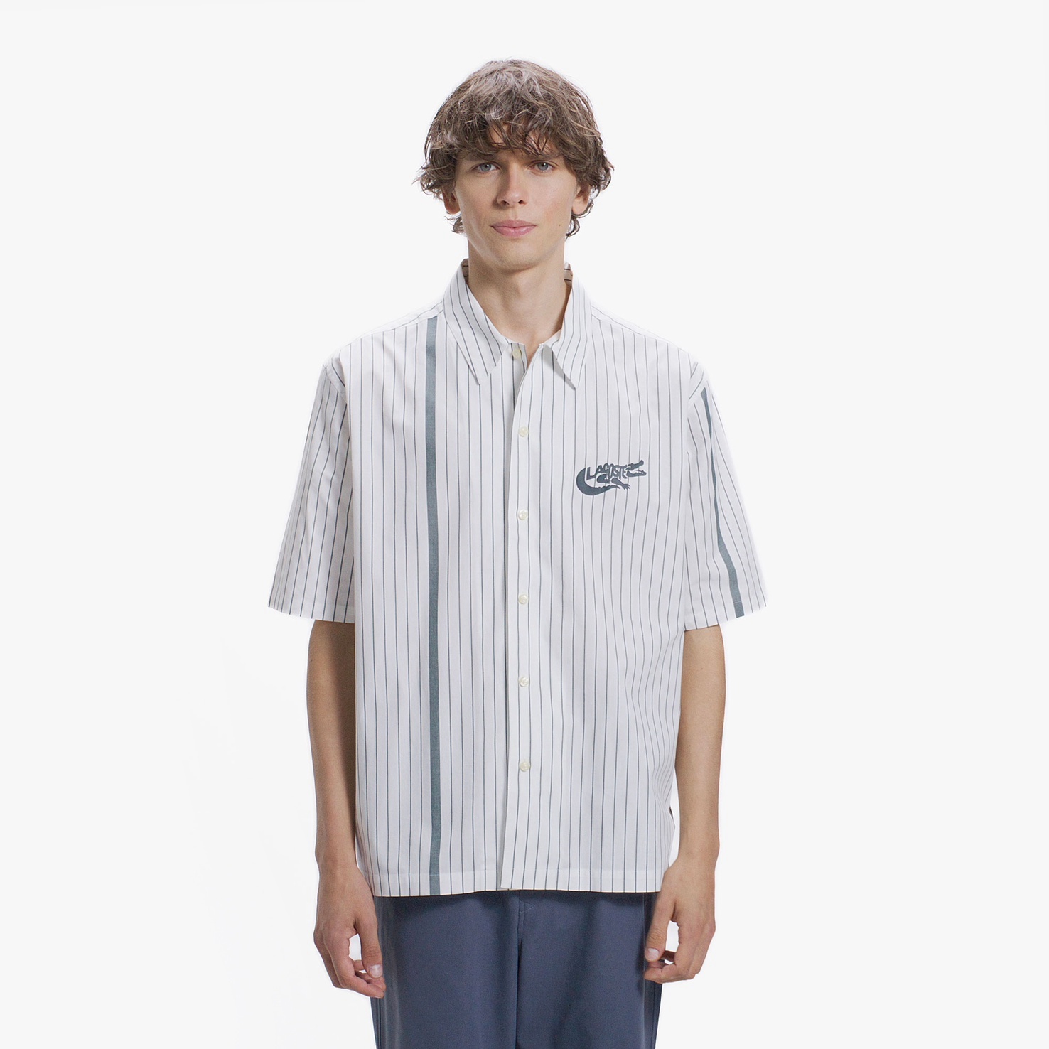 🐊 Lacoste AF355 條紋開襟短袖襯衫｜限時代購 (白色)