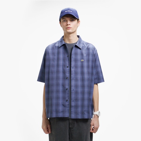 LACOSTE 亞麻開領格紋襯衫（海軍藍）｜官網代購 [CH6420-166]