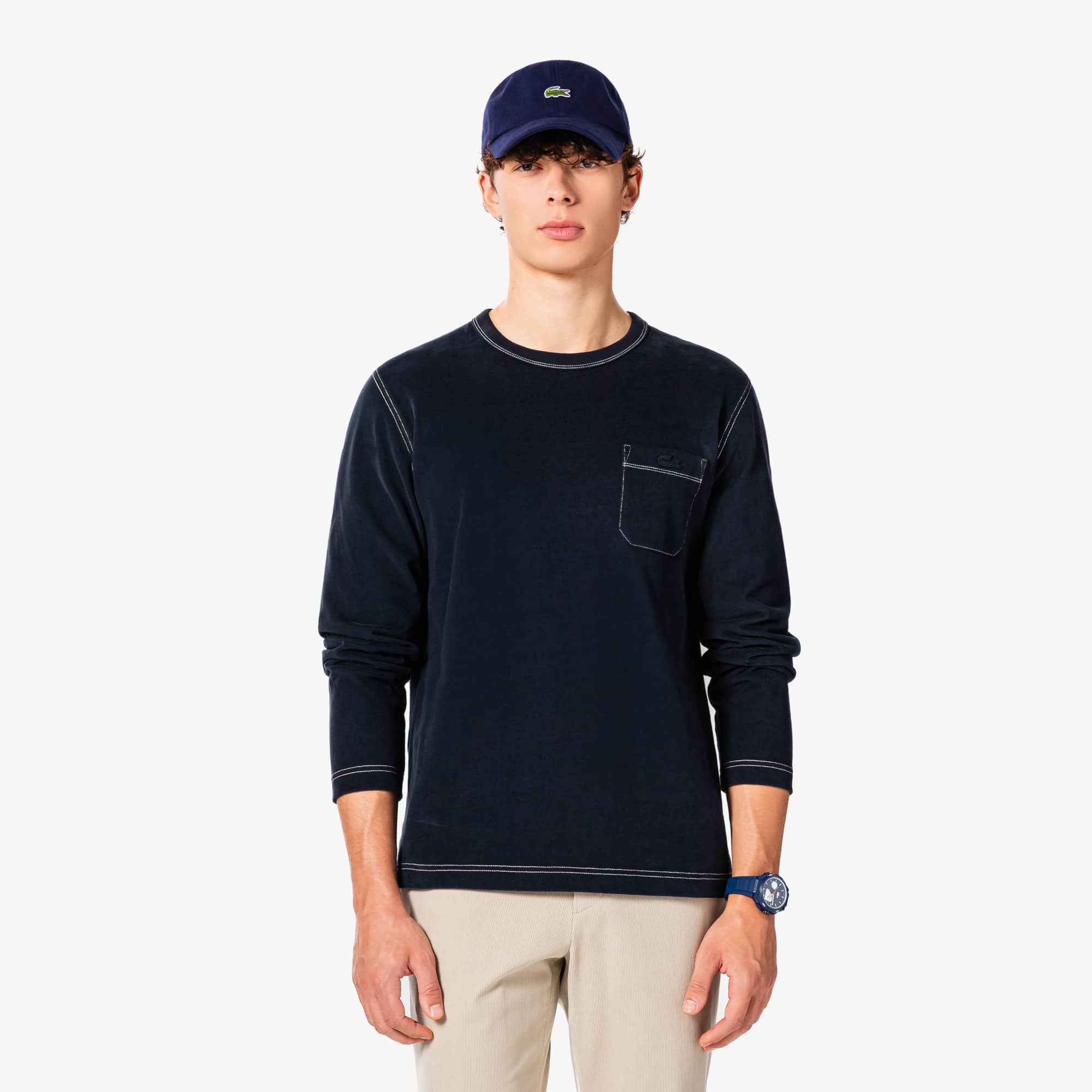 LACOSTE 縫線圓領口袋長袖微刷絨 T 恤（深藏青色）｜官網代購 [TH367E-55N-HDE]