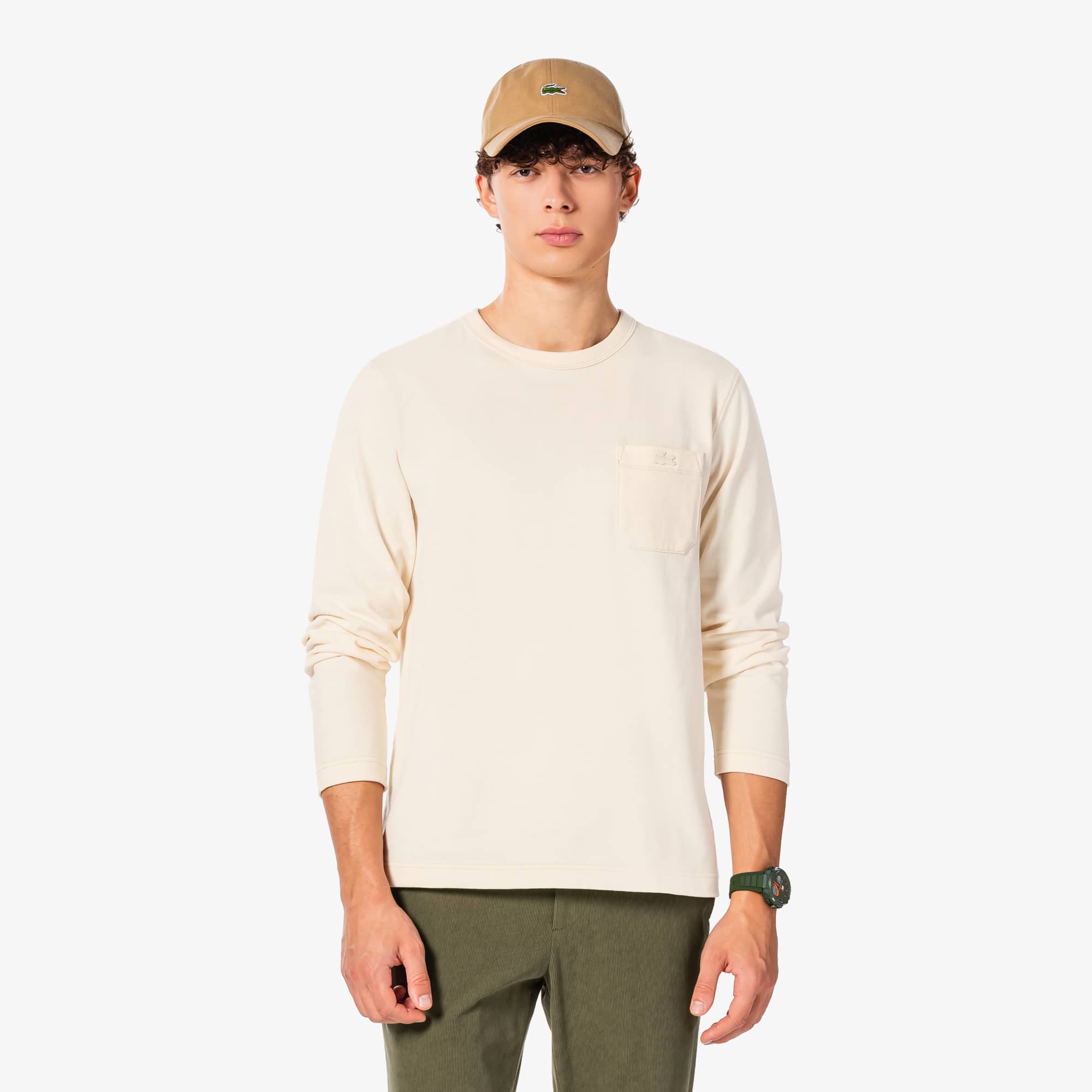 LACOSTE 縫線圓領口袋長袖微刷絨 T 恤（米白色）｜官網代購 [TH367E-55N-XFJ]