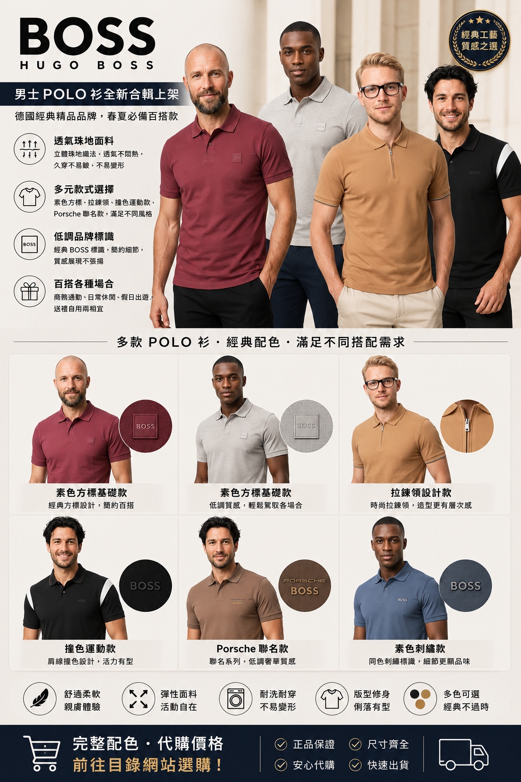 HUGO BOSS 男士短袖Polo衫合輯，素色方標基礎款、拉鍊領設計款、撞色運動款、Porsche聯名款、素色刺繡款