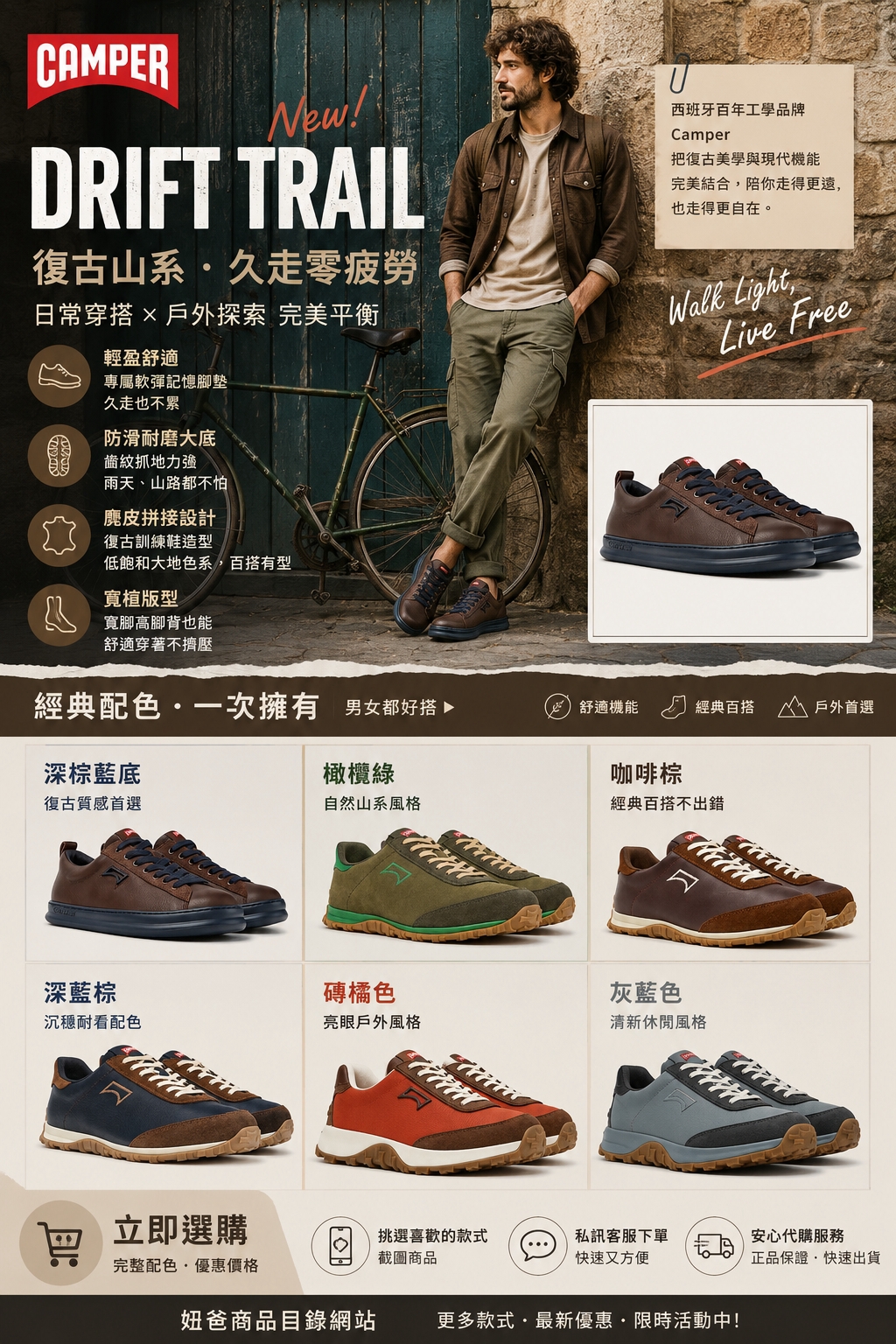 Camper Drift Trail 復古戶外休閒訓練鞋主視覺，四大機能圖解與六款配色實拍