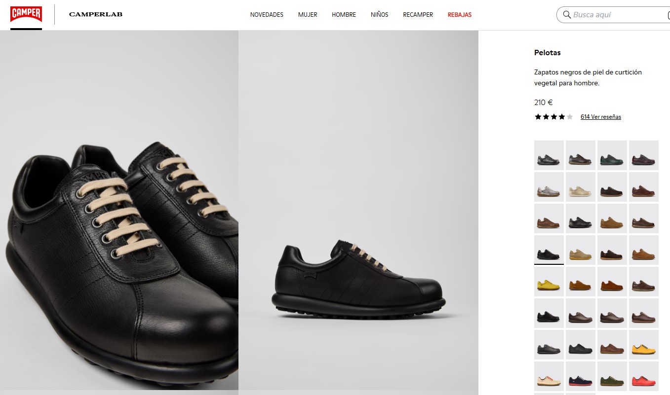 CAMPER 官網 Pelotas 16002-317 黑色商品頁截圖，含色卡