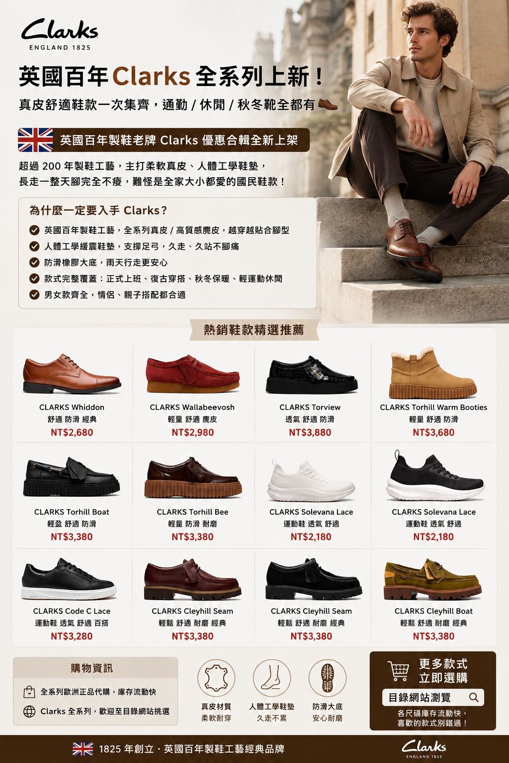 英國百年Clarks全系列優惠合輯主視覺，Whiddon正裝皮鞋、Wallabee袋鼠鞋、Torhill厚底樂福、Solevana慢跑鞋等熱銷鞋款與代購價總覽