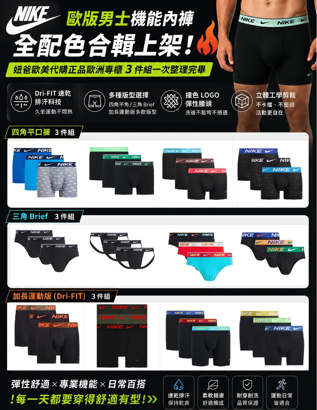 NIKE歐版男士機能內褲全配色合輯上架，四角平口褲、三角Brief、加長運動版Dri-FIT三件組總覽