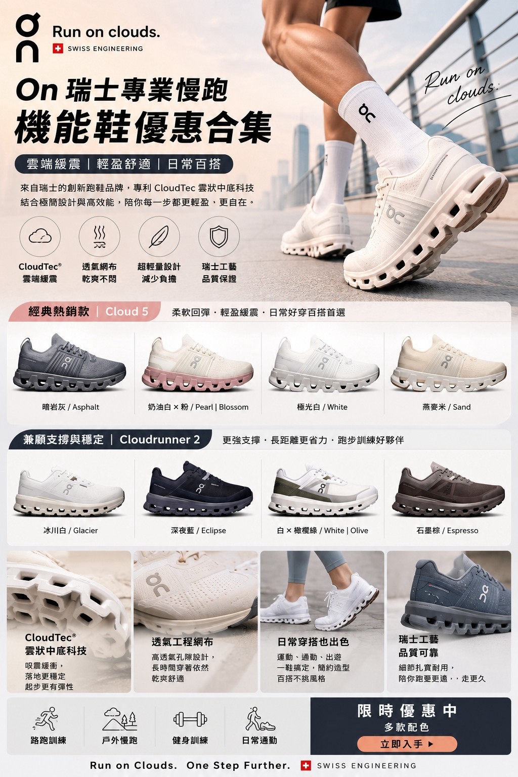 On 瑞士專業慢跑機能鞋優惠合集，CloudTec雲緩震科技解析，Cloud 5與Cloudrunner 2熱門配色